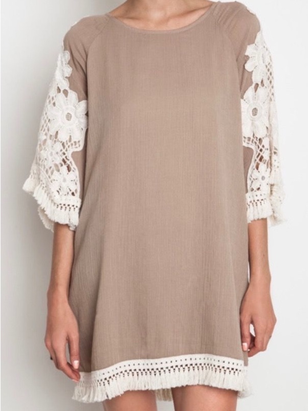 Umgee Boho Taupe Dress with Ivory Crochet Accents Size L